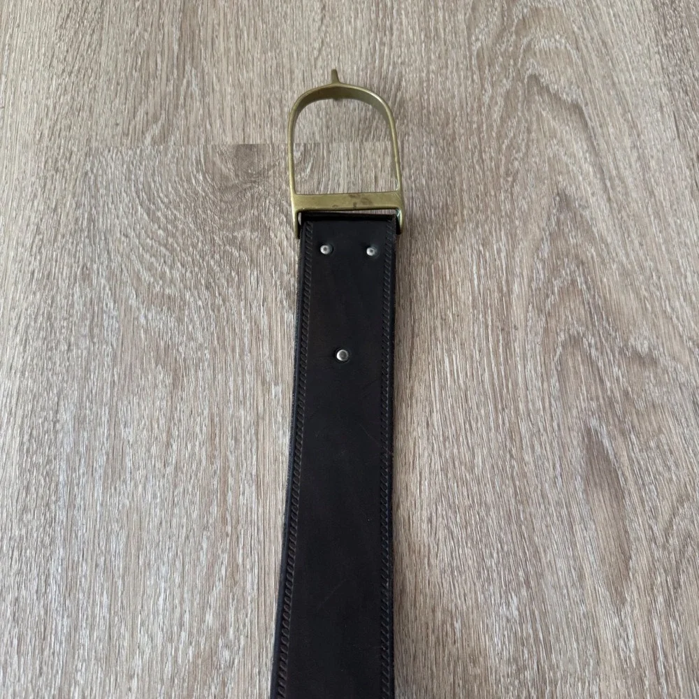 VTG Italian Leather Belt Brass Stirrup Hook Buckle Dark Brown Made in Italy 36